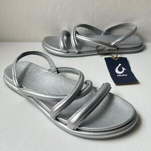 Olukai Tiare Leather Strappy Sandals Women's Size 10 Silver Comfy Minimalist NWT